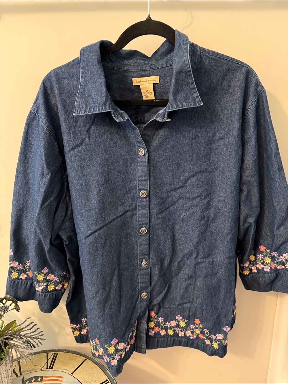Vintage Bechamel Dark Blue Denim Shirt with floral Details women’s 2X 3/4 sl